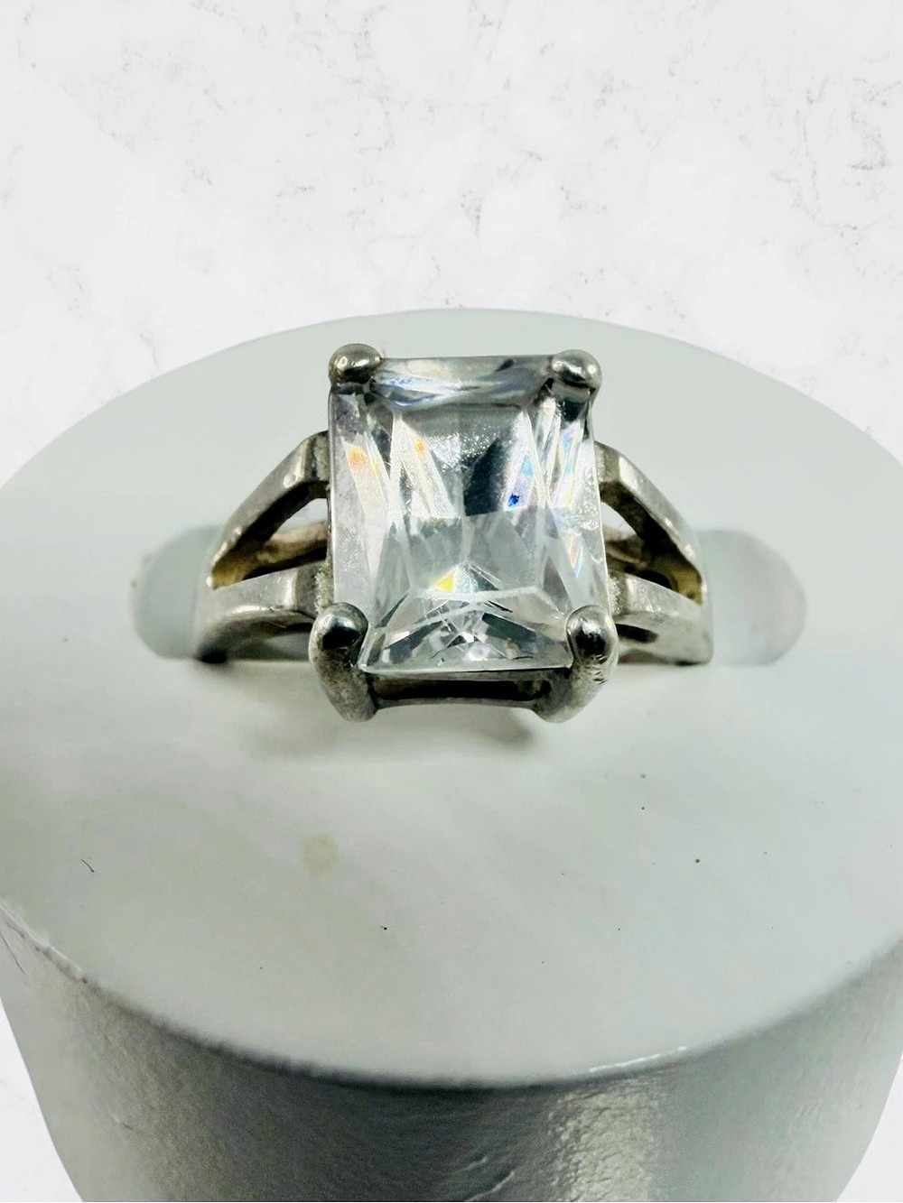 Sterling Silver 925 Cubic Zirconia CZ Ring Size 5 Split Band Cocktail Princess
